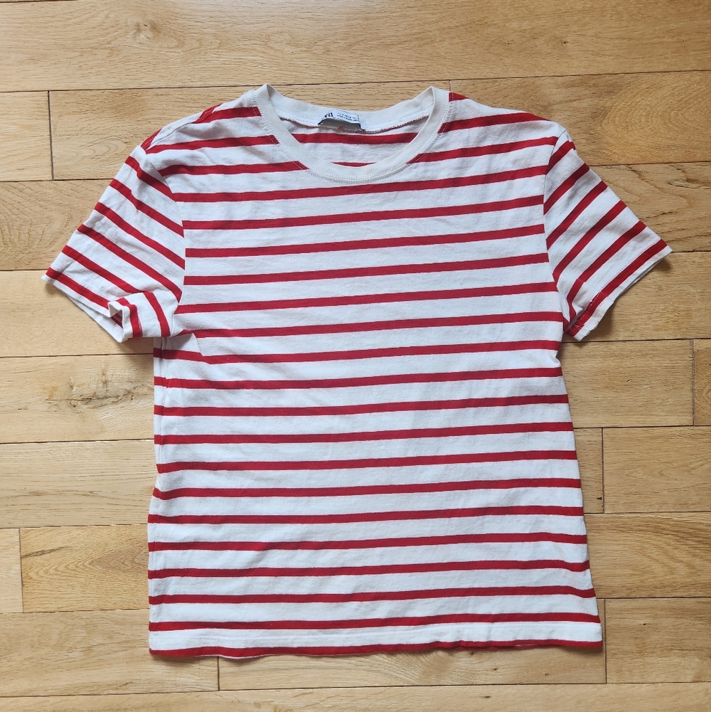 Zara Red and White Striped Short Sleeve Tee
